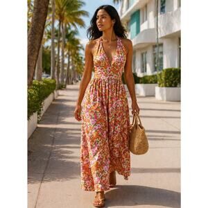 Vintage Floral Halter Maxi Dress Pink Orange Boho 70s Mod Small 3/4